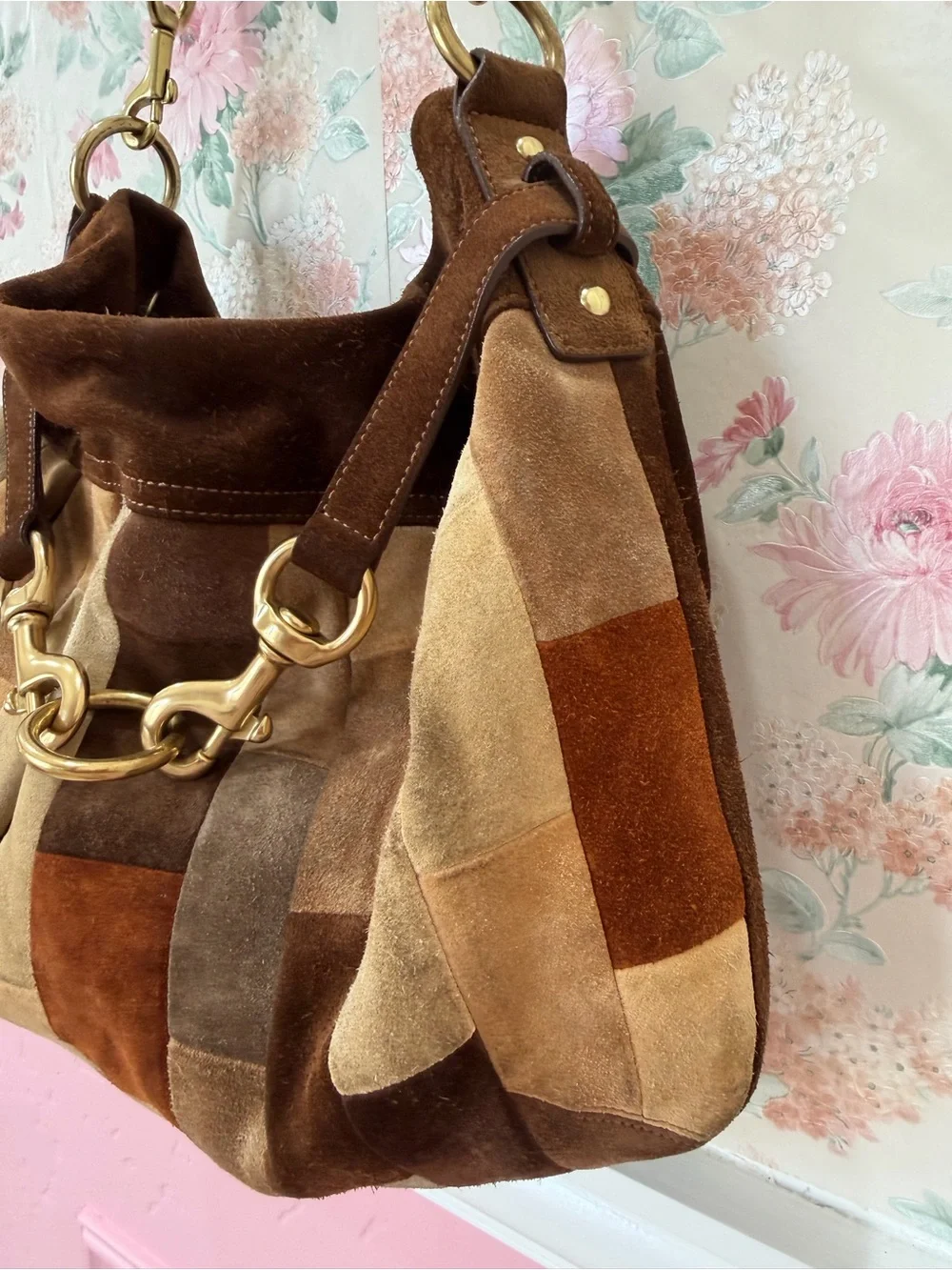 Y2k Coach Patchwork Suede Shoulder Bag in Brown and Tan